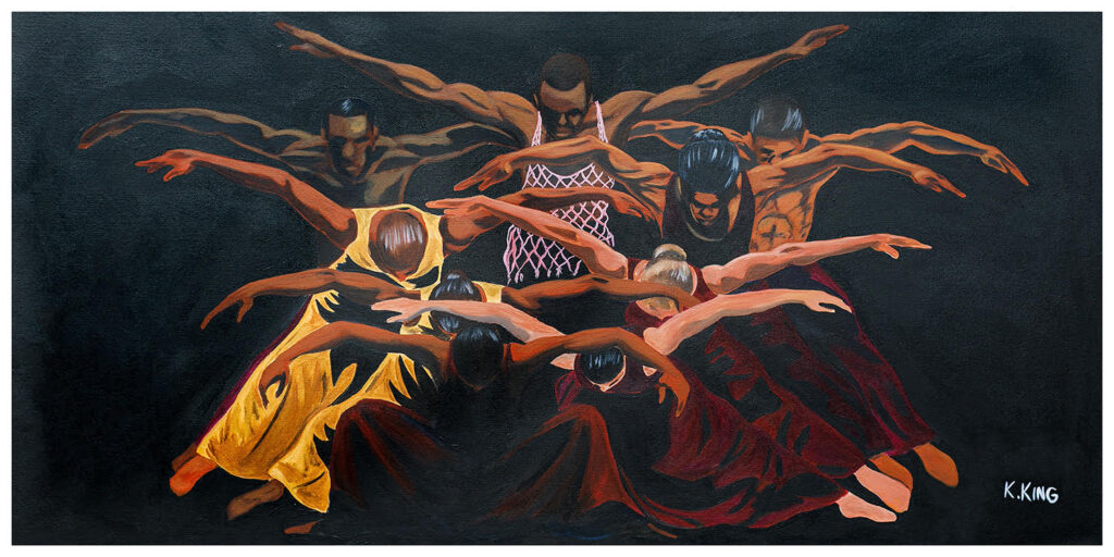 Painting of overlapping people with arms extended in swooping motion