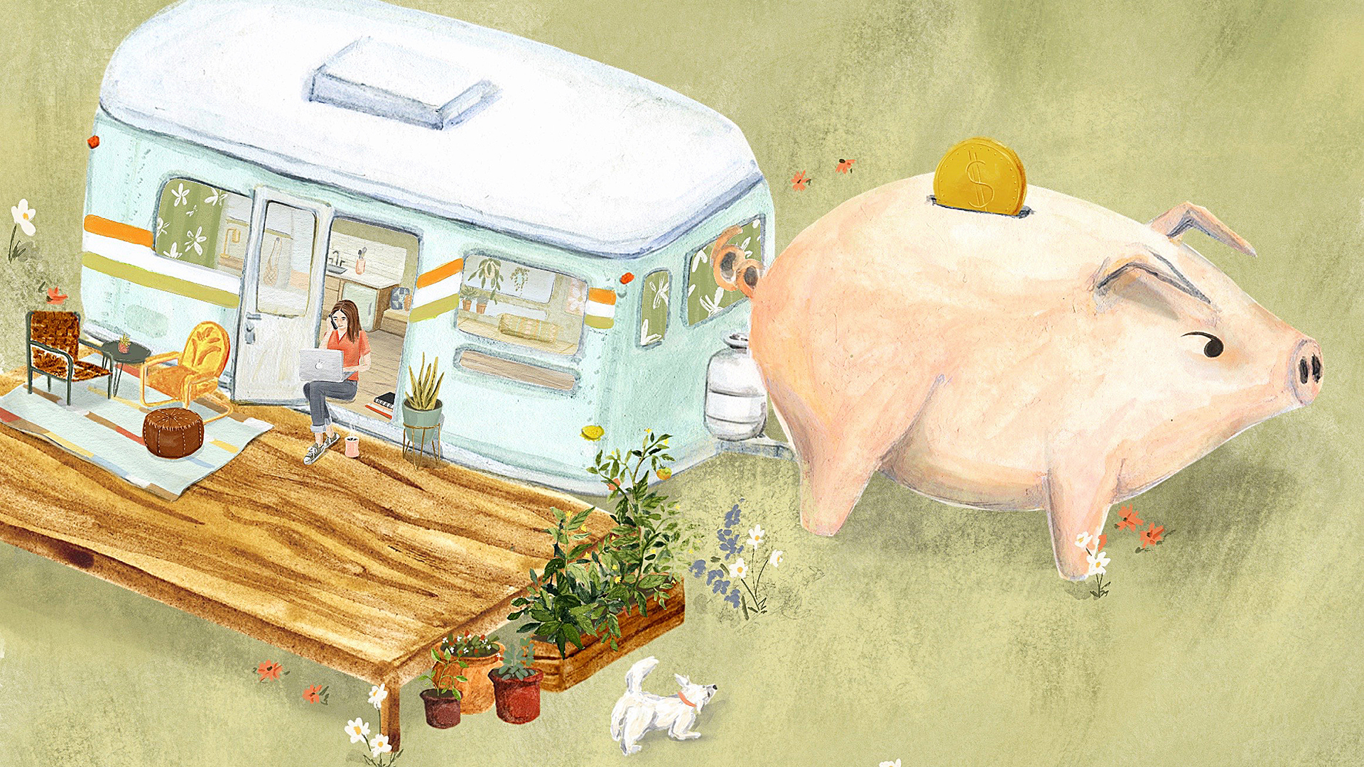A playful illustration of a pink piggybank pulling an airstream trailer