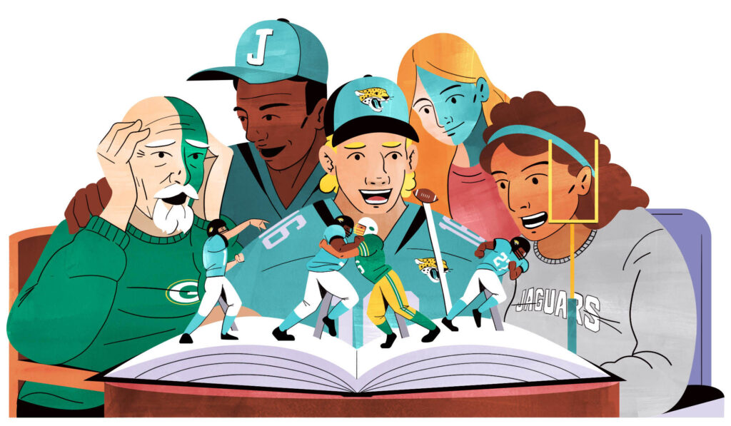 A book open with athletes like characters in a pop-up book, fans watch a game together.