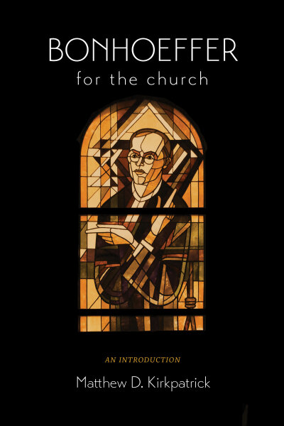 A black book cover with stained glass-style illustration of Bonhoeffer