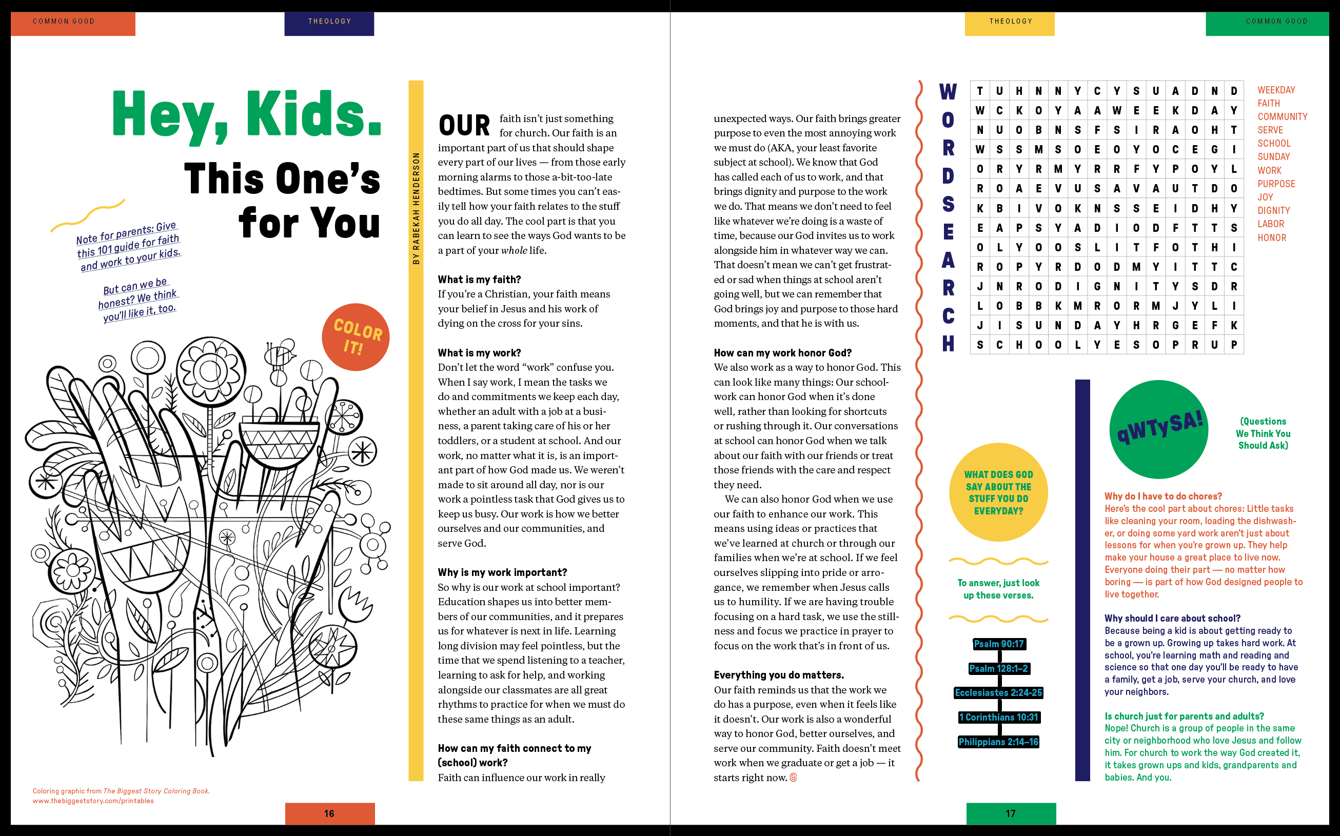 An image of a spread of the interior of Common Good magazine, depicting kids' stuff