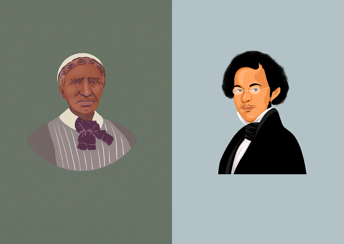 A side-by-side illustration of Stephen Smith and Clara Brown