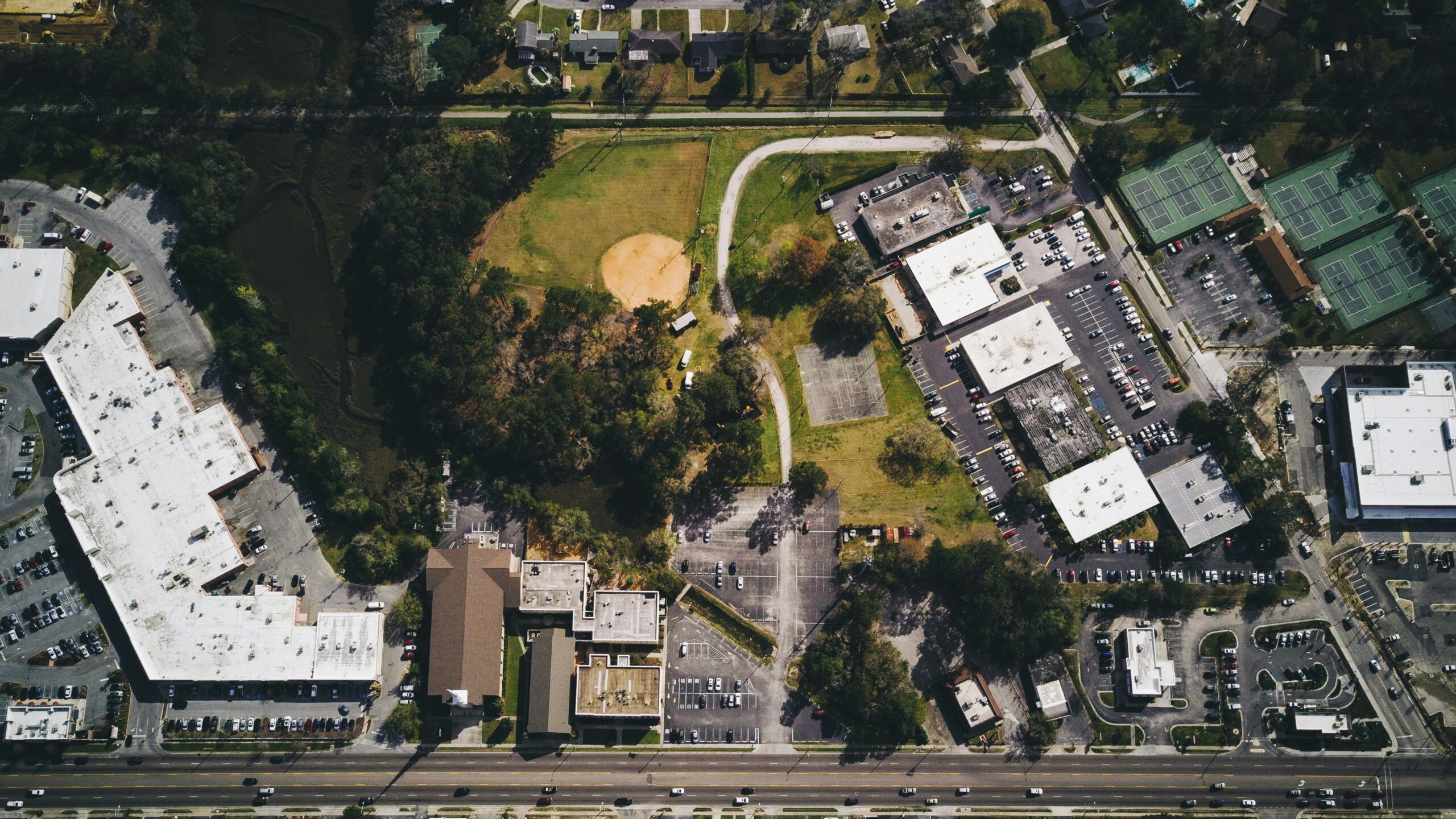An aerial photo of a neighborhood church