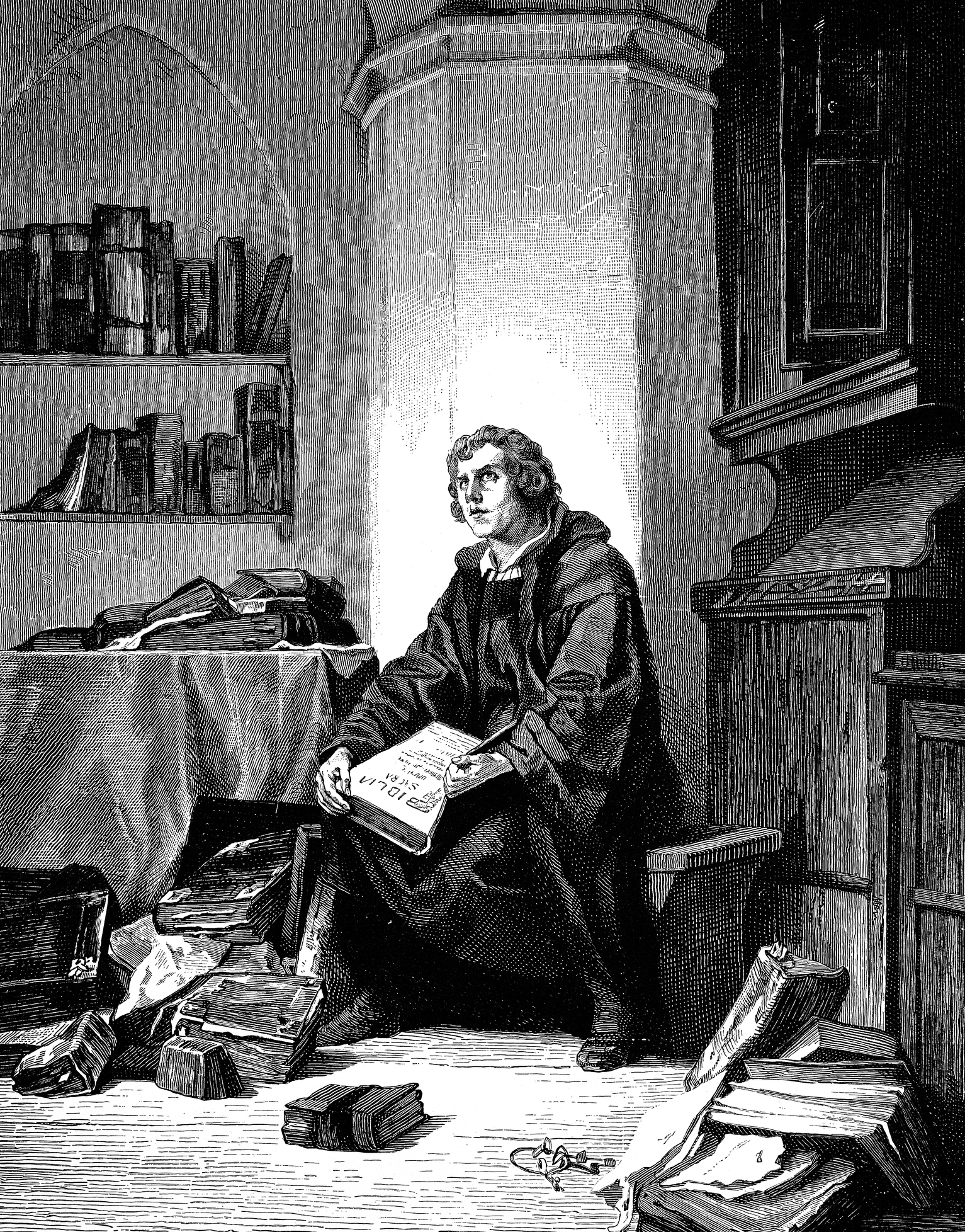 An illustration of Martin Luther in his library