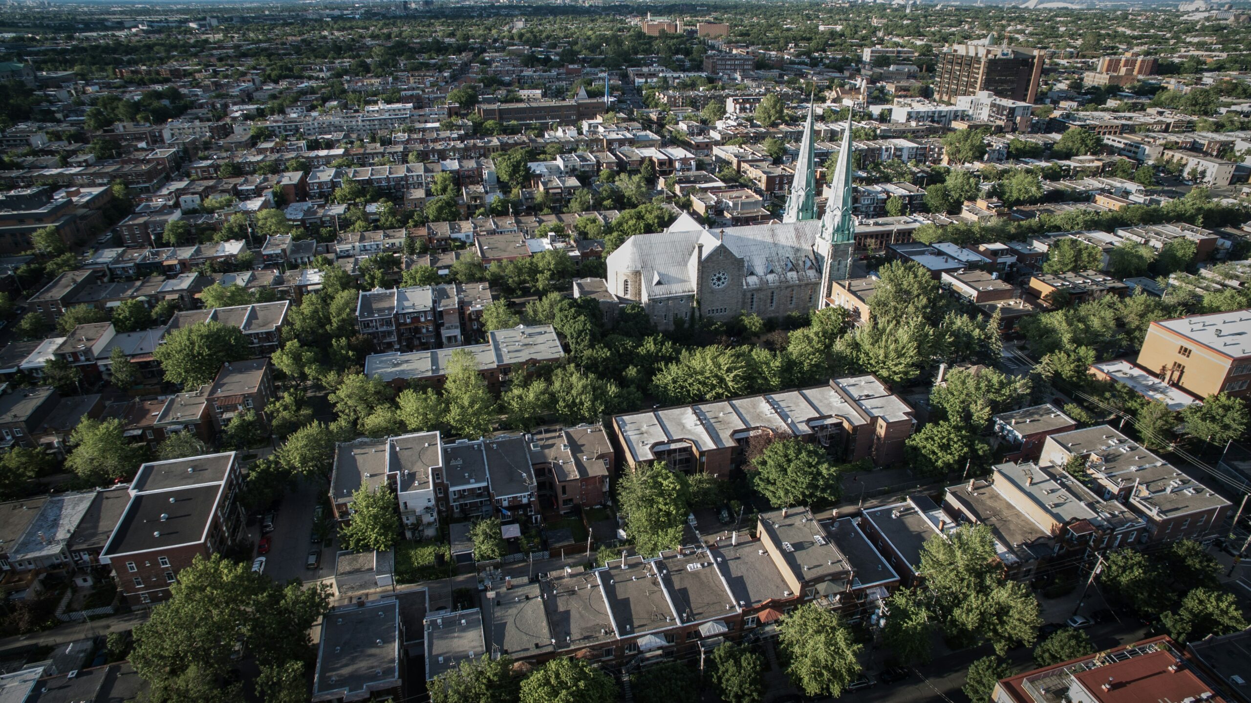 An aerial photograph of a neighborhood church.